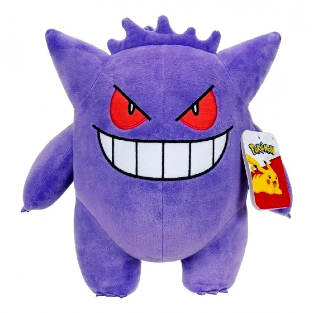 Front view of official 12-inch Gengar plush with signature cheeky grin and purple body.