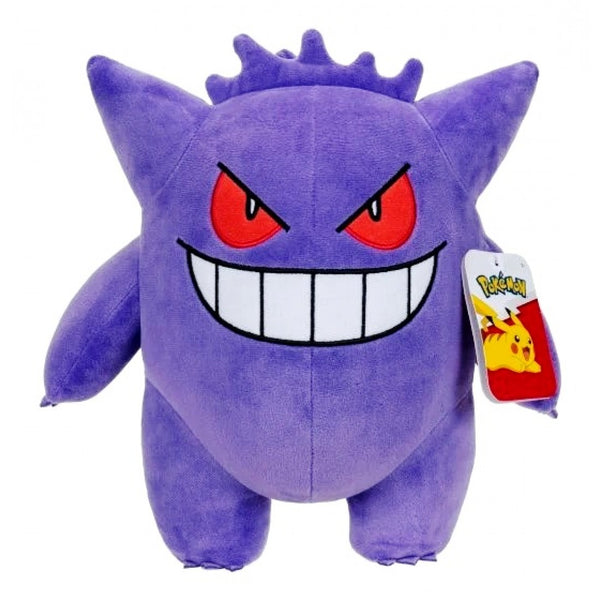 Front view of official 12-inch Gengar plush with signature cheeky grin and purple body.