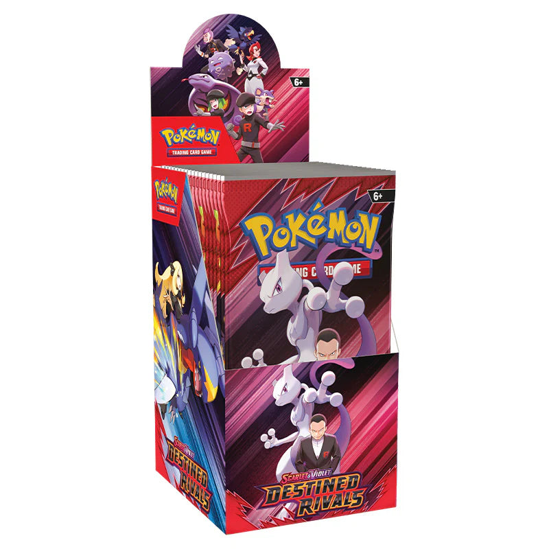 Close-up of Scarlet & Violet Destined Rivals booster pack art featuring Paradox Pokémon graphics.