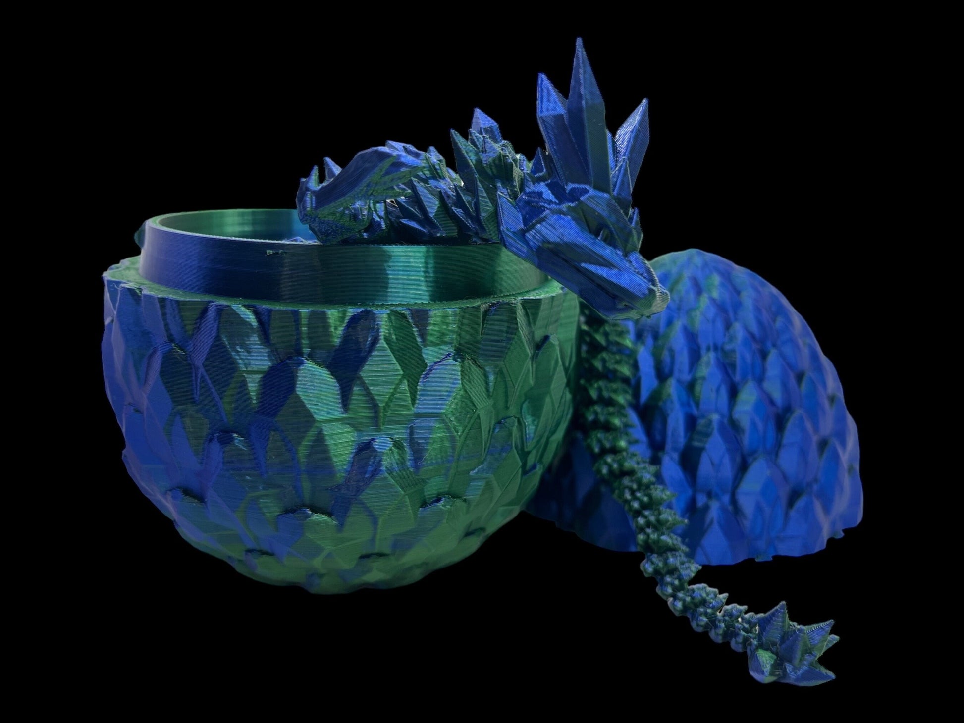3D printed crystal dragon in shiny silk blue and green colour