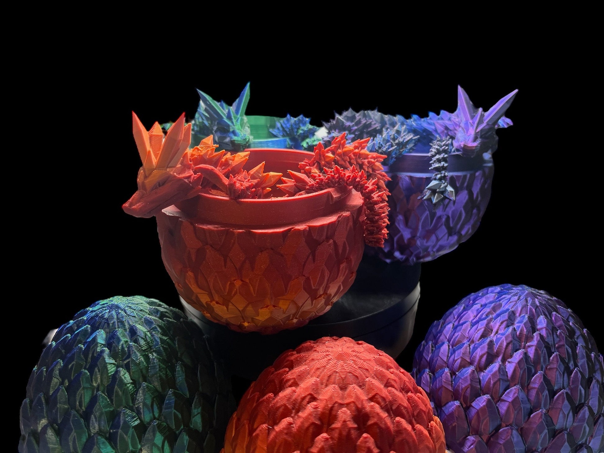 3D printed crystal dragon in shiny silk black, blue, purple and red, orange, gold colour