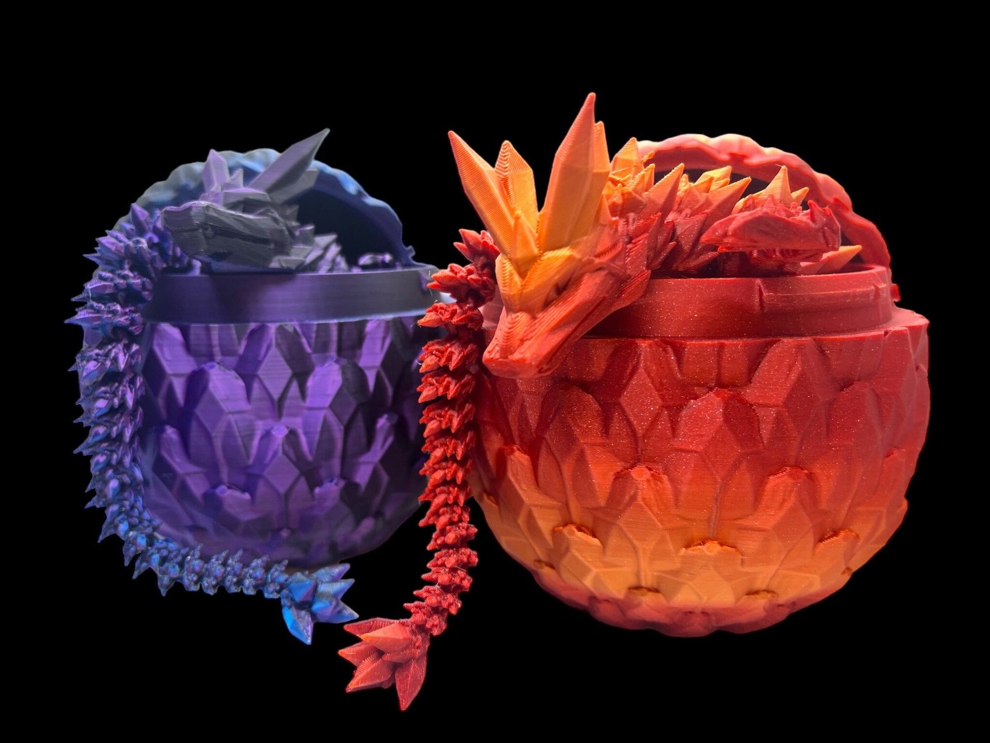 3D printed crystal dragon in shiny silk black, blue, purple and red, orange, gold colour