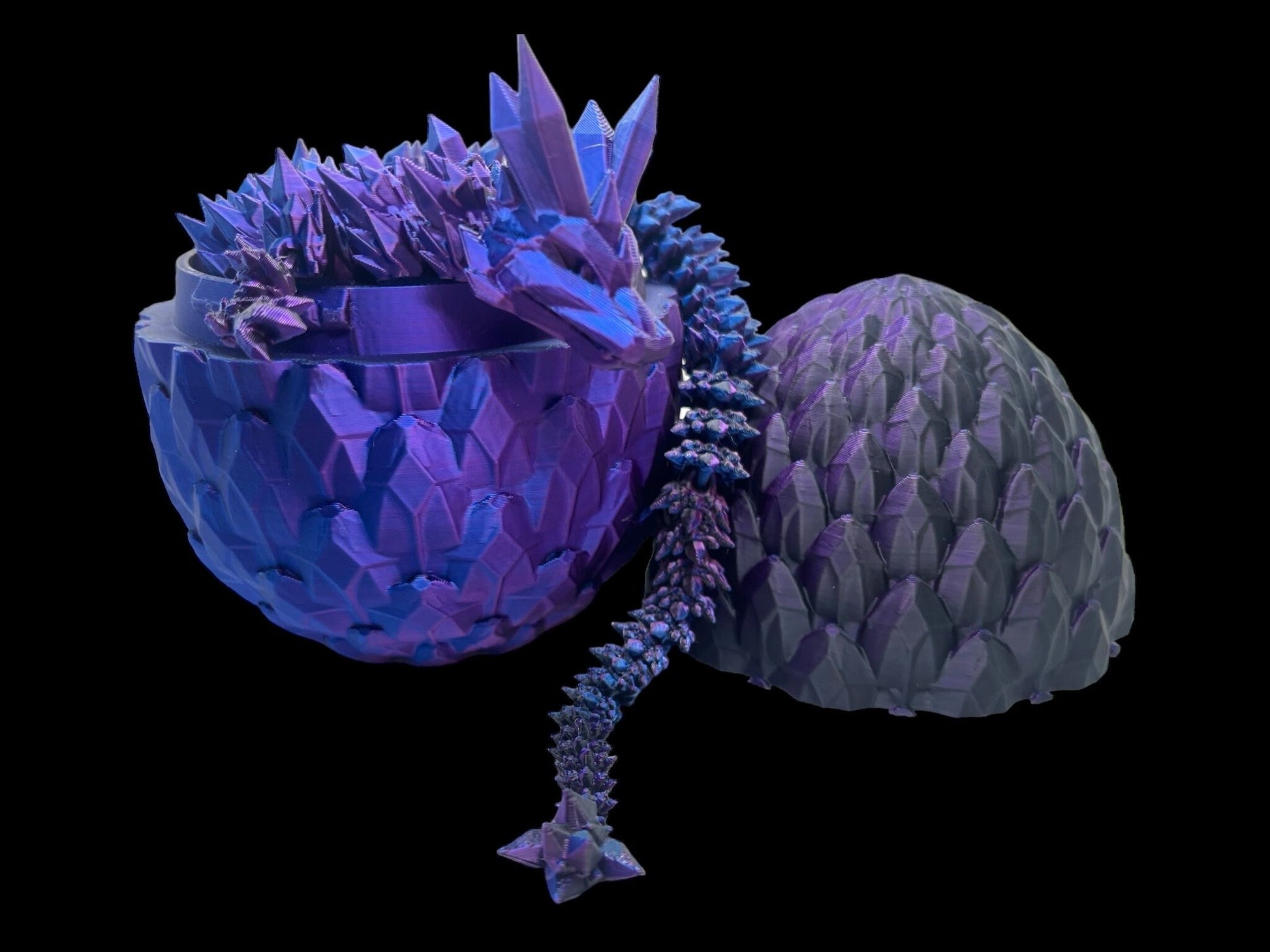 3D printed crystal dragon in shiny silk black, blue, purple  colour