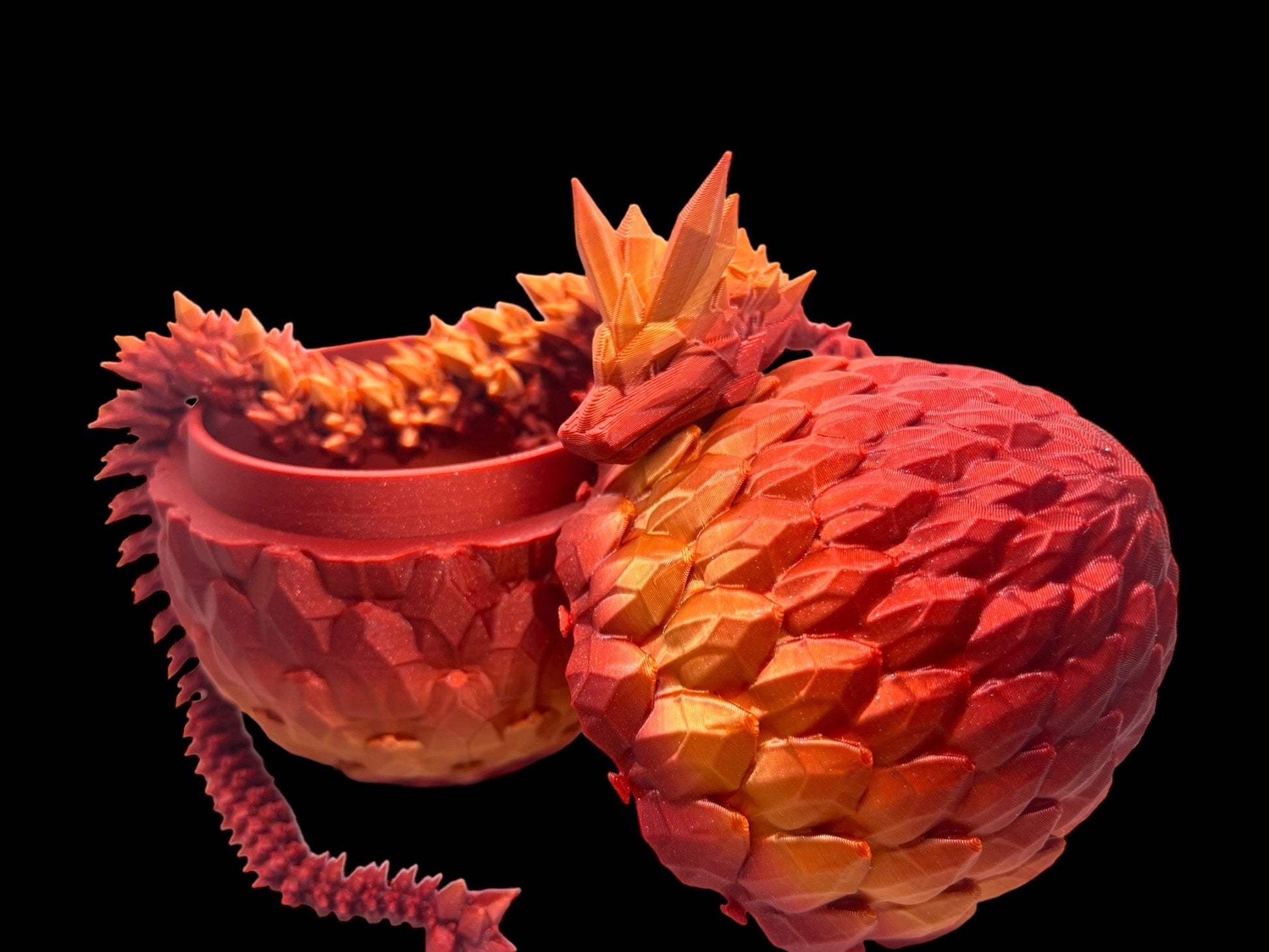 3D printed crystal dragon in shiny silk orange, red gold colour