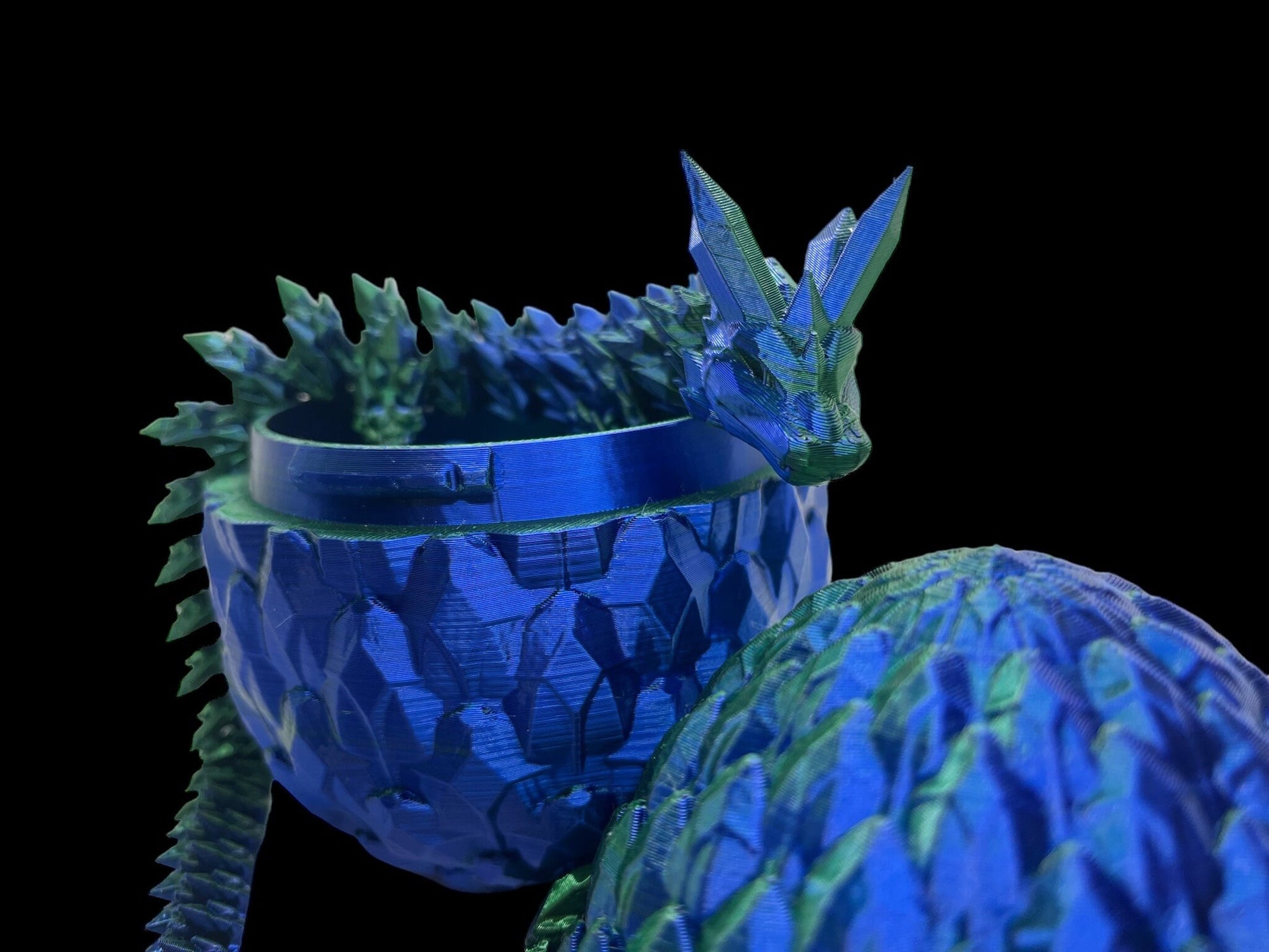 3D printed crystal dragon in shiny silk blue and green colour