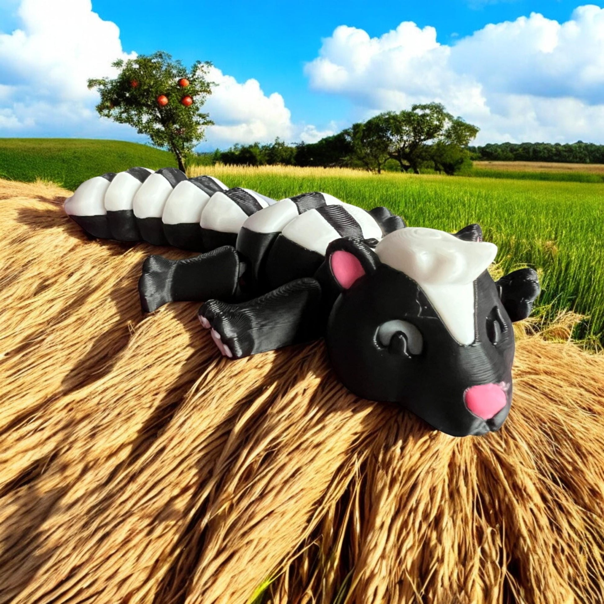 Front view of a 3D-printed black and white articulated skunk fidget toy, showcasing its cute design with a flexible segmented body