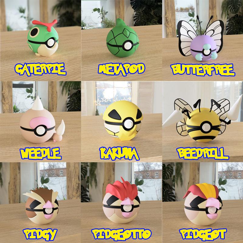 Collection of 3D printed Pokéballs inspired by Caterpie, Metapod, Butterfree, Weedle, Kakuna, Beedrill, Pidgey, Pidgeotto, and Pidgeot displayed in a grid layout.