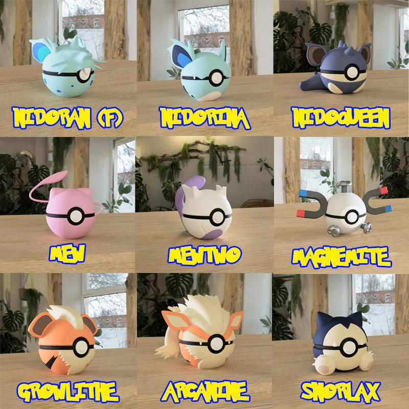 3D printed Pokéballs inspired by classic Pokémon including Nidoran (Female), Nidorina, Nidoqueen, Mew, Mewtwo, Magnemite, Growlithe, Arcanine, and Snorlax.
