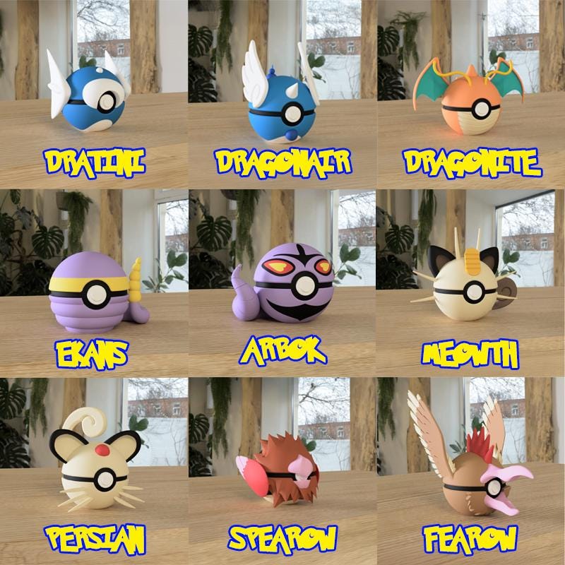 Line-up of 3D printed Pokéballs themed around Abra, Kadabra, Alakazam, Gastly, Haunter, Gengar, Magikarp, Gyarados, and Ditto with fun and detailed character elements