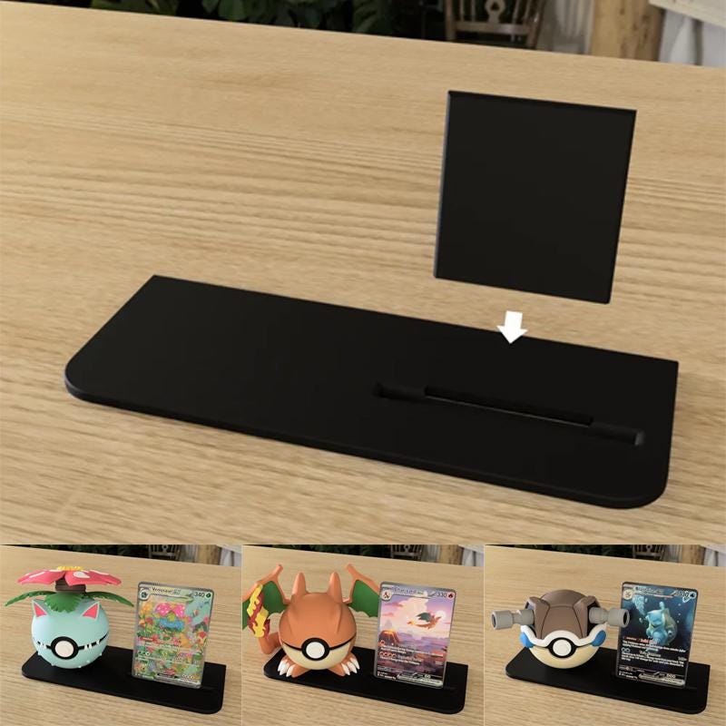 Multi-slot card and Pokéball stand for displaying Pokémon trading cards and 3D printed character balls, compatible with both slabbed and unslabbed cards.