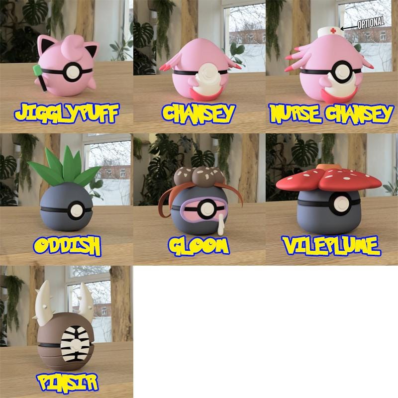 A set of themed Pokéballs designed to resemble Pokémon: Jigglypuff, Chansey, Nurse Chansey, Oddish, Gloom, Vileplume, and Pinsir. Each Pokéball is uniquely crafted to reflect the Pokémon&#39;s features, such as Jigglypuff&#39;s microphone, Chansey&#39;s egg, Gloom&#39;s flower, and Pinsir&#39;s horns.