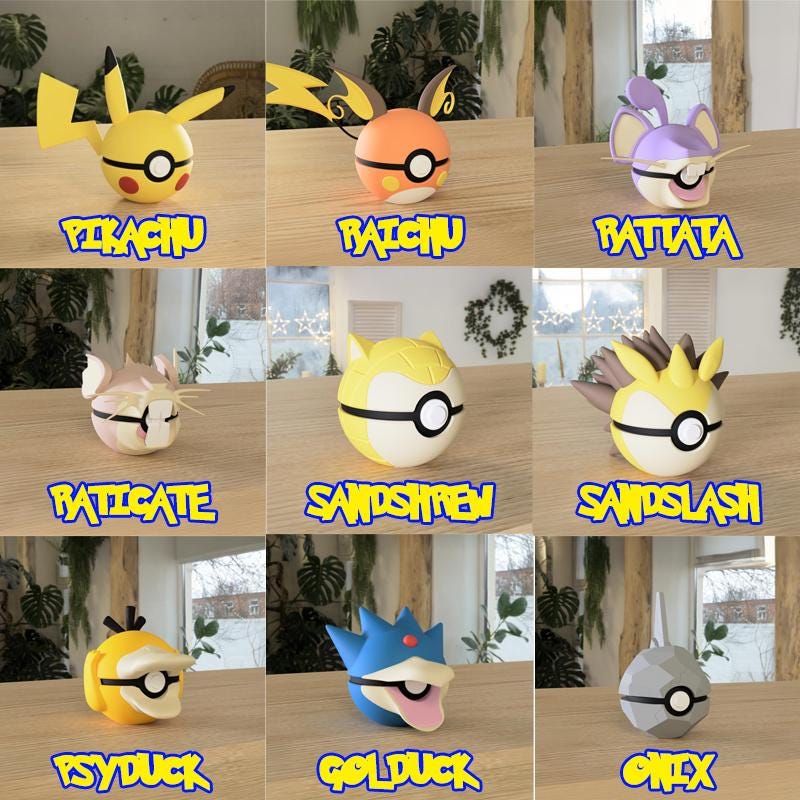 Assorted 3D printed Pokémon Pokéballs including Pikachu, Raichu, Rattata, Raticate, Sandshrew, Sandslash, Psyduck, Golduck, Onix, Abra, Kadabra, Alakazam, Gastly, Haunter, Gengar, Magikarp, Gyarados, and Ditto.