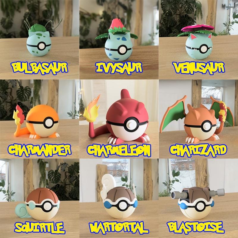 Set of 3D printed character Pokéballs featuring Bulbasaur, Ivysaur, Venusaur, Charmander, Charmeleon, Charizard, Squirtle, Wartortle, and Blastoise displayed on a wooden surface.