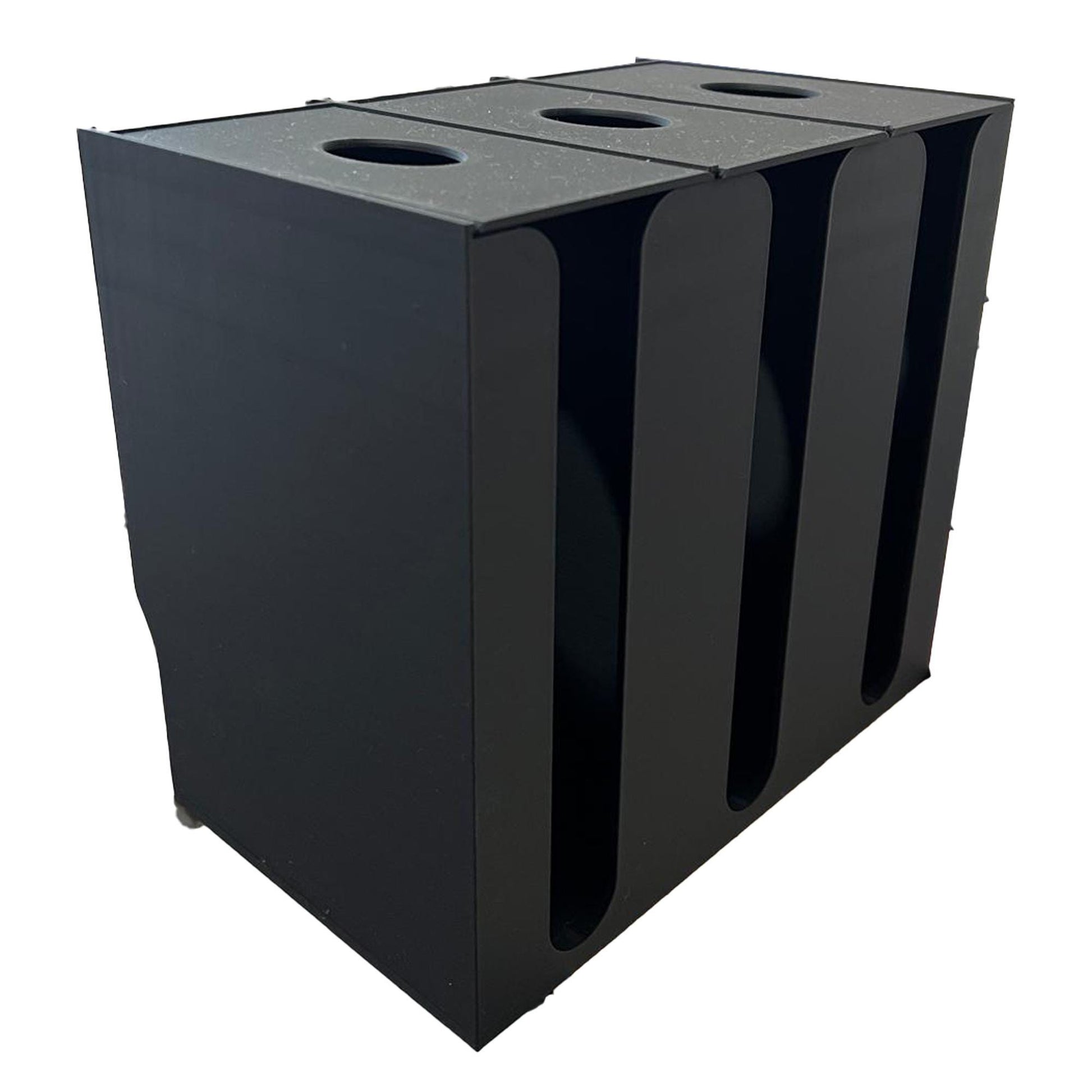 Triple slot Pokémon card pack dispenser, showing off its practical design for displaying multiple packs at once. The dispenser is made of durable black material