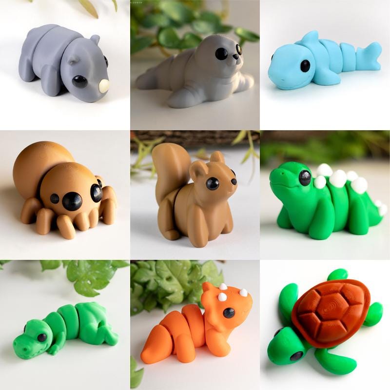 Baby Rhino, Baby Seal, Baby Shark, Baby Spider, Baby Squirrel, Baby Stegosaurus, Baby T-Rex, Baby Triceratops, Baby Turtle – Fun 60mm mini animal figurines.