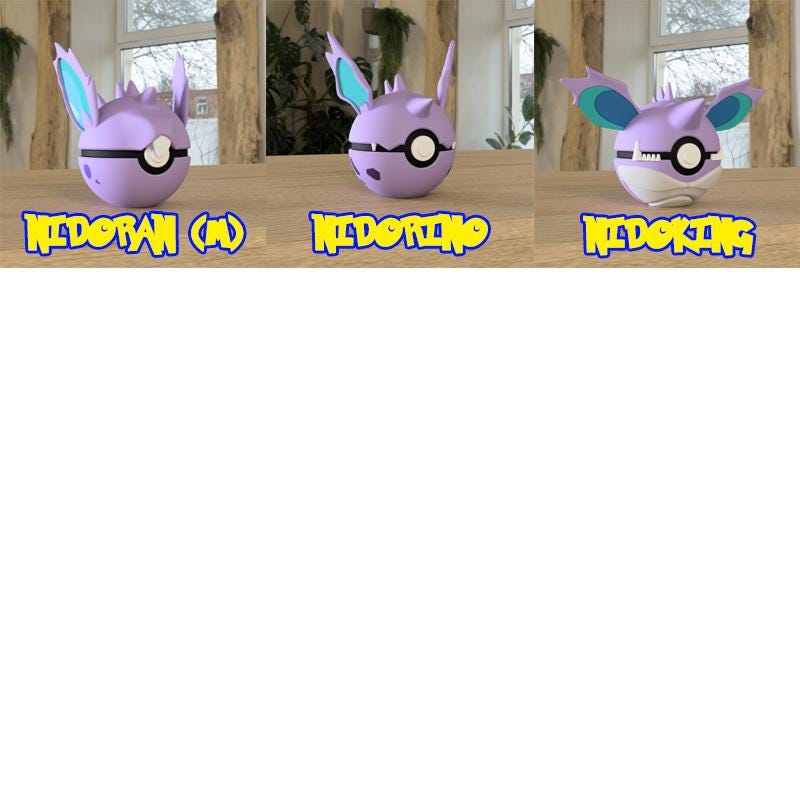 &quot;3D printed Pokéball designs of Nidoran (Male), Nidorino, and Nidoking displayed side by side on a wooden table with indoor plants in the background. Each Pokéball is styled to match the features of its respective Pokémon, in purple tones with bold blue and teal accents.&quot;