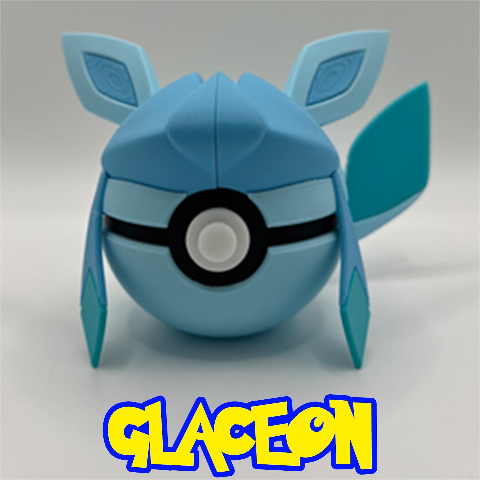 Glaceon Pokéball with icy blue ears, sleek side flaps, and frosty tail, crafted in vibrant 3D detail.