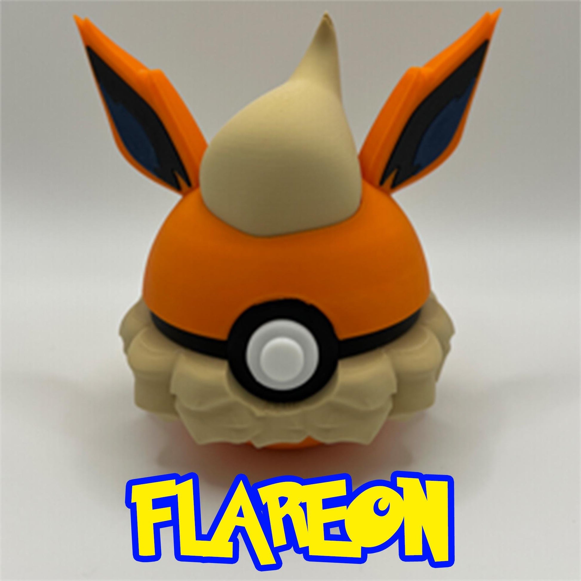 Flareon Pokéball featuring fluffy cream mane, orange body, and flame-like ears in a bold 3D print.