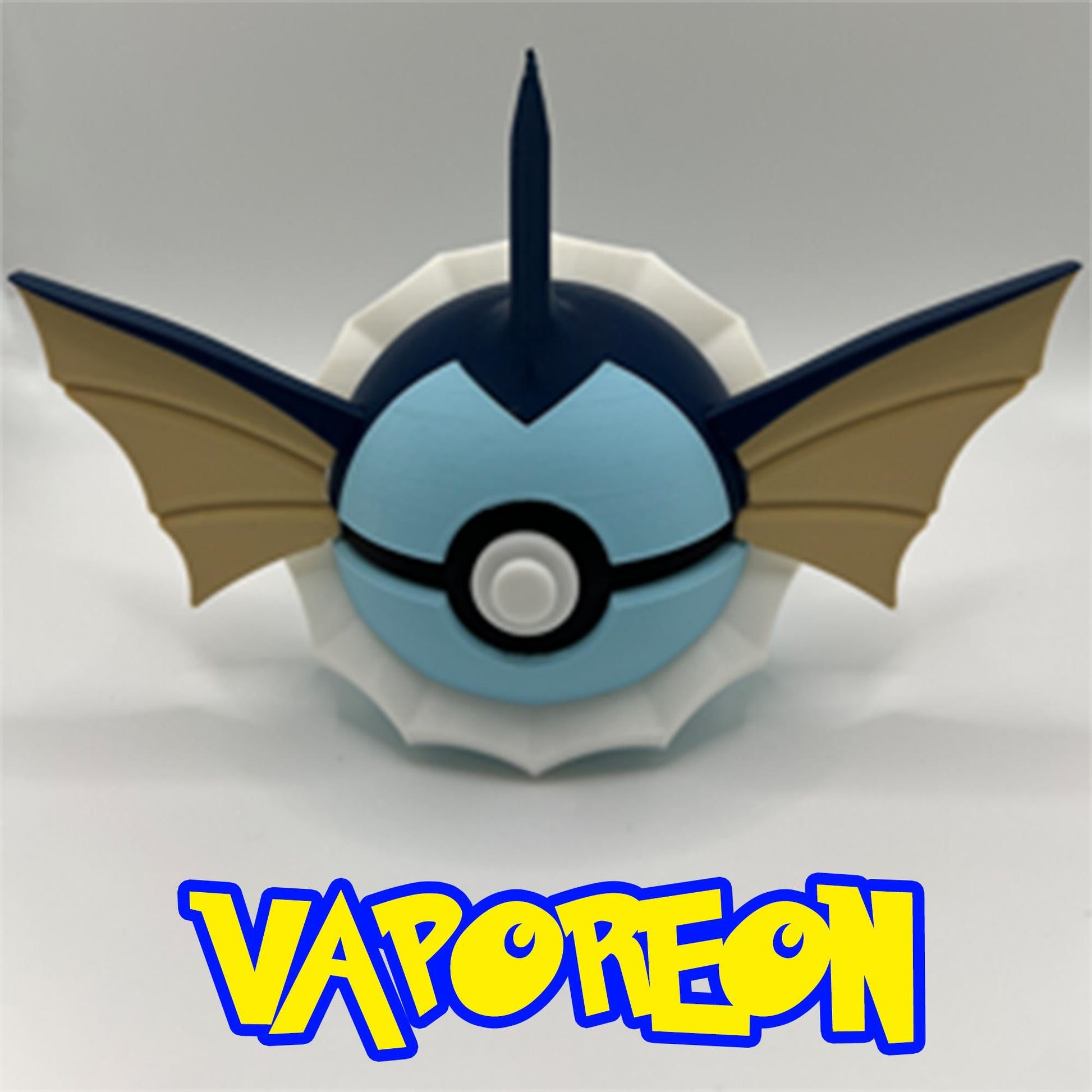 3D printed Vaporeon Pokéball design with wide fins, soft blue tones, and a white fin collar.