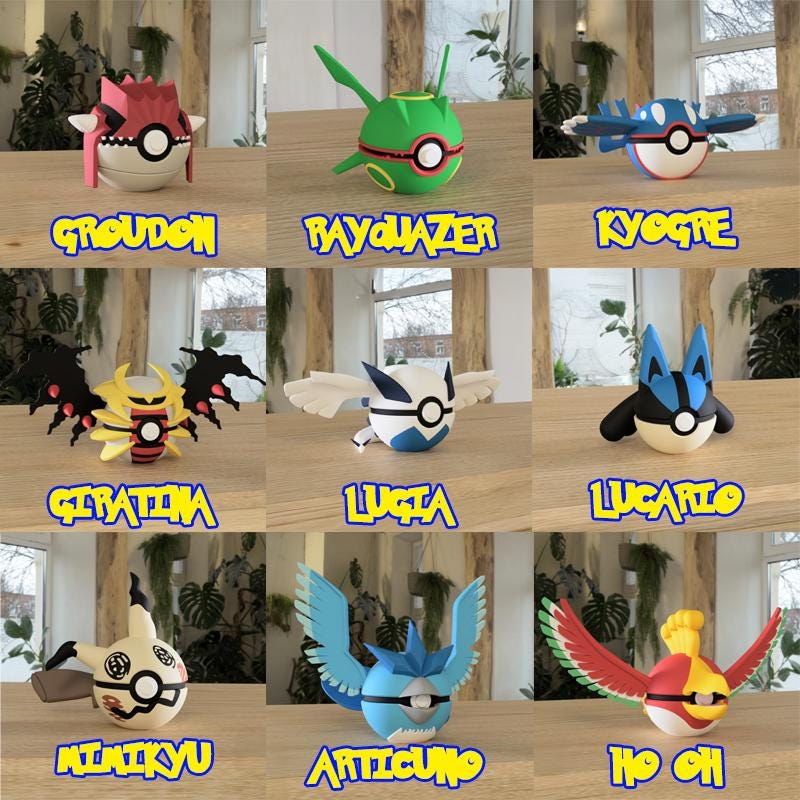 A 3x3 grid showing custom 3D printed Pokéball models inspired by popular Pokémon characters.
Top row: Groudon with red spiky crest, Rayquaza as a green serpent-shaped ball, Kyogre with winged blue fins.
Middle row: Giratina with black and gold shadow wings, Lugia with large white wings and blue accents, Lucario with signature ears and black/blue design.
Bottom row: Mimikyu with its eerie ghostly face, Articuno with icy blue wings and sharp features, Ho-Oh with vibrant red and yellow feathers.