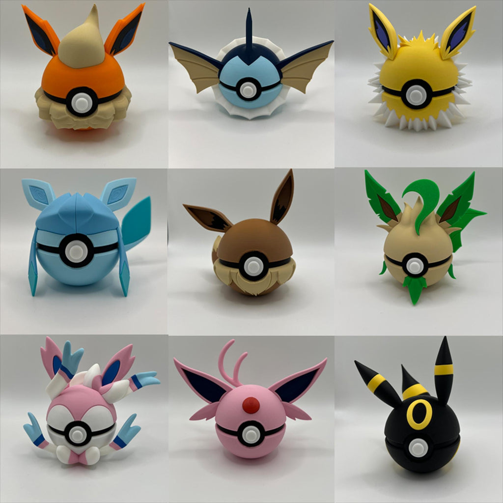 Full set of 3D printed Eeveelution Pokéballs featuring all 9 designs – Espeon, Flareon, Glaceon, Jolteon, Leafeon, Sylveon, Umbreon, Vaporeon, and Eevee – displayed against a plain background.