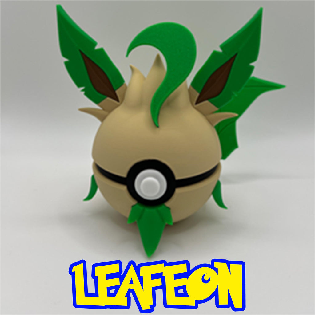 Leafy 3D Leafeon Pokéball design with green leaf ears and accents on a light tan base.
