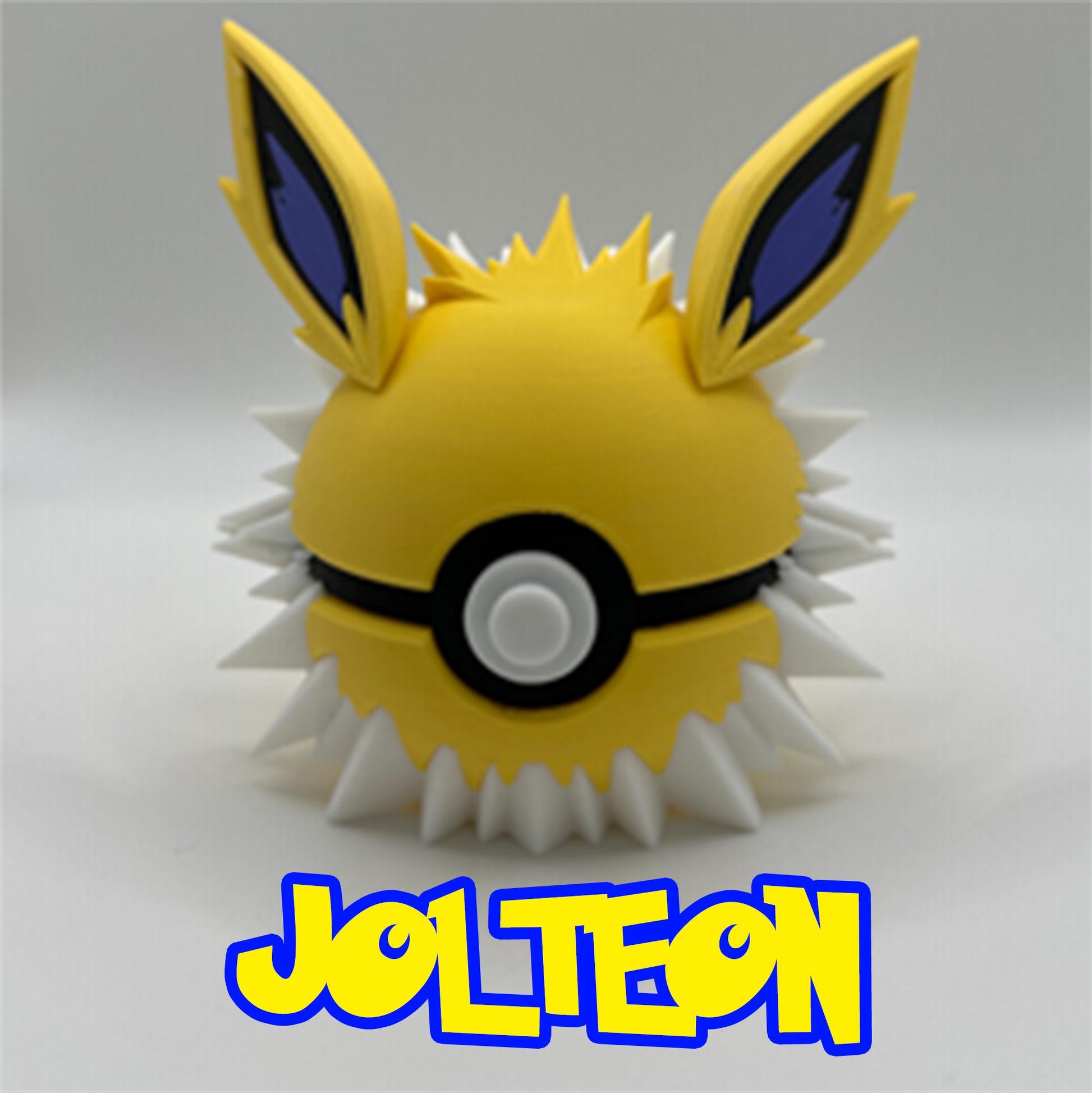 Spiky 3D Jolteon Pokéball in bright yellow with sharp white fur details and tall, pointed ears.