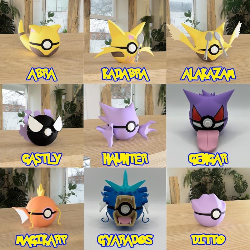 Line-up of 3D printed Pokéballs themed around Abra, Kadabra, Alakazam, Gastly, Haunter, Gengar, Magikarp, Gyarados, and Ditto with fun and detailed character elements